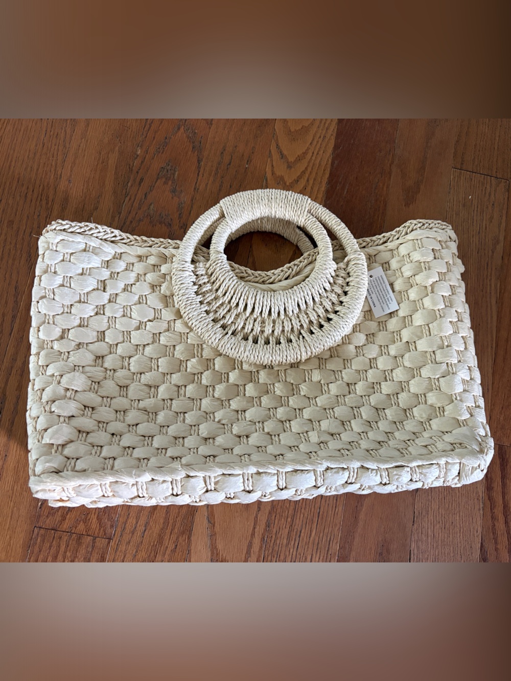 Woven Straw purse with Circular Handles - Cream